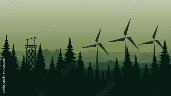 Fototapeta vector illustration of an abstract landscape with trees and windmill good for for wallpaper design, design template, background template, and tourism design template