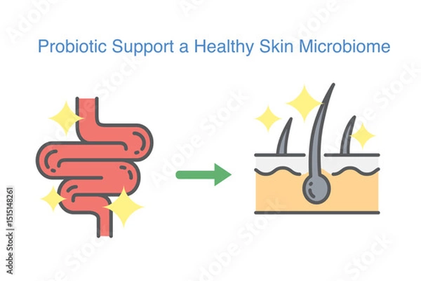 Fototapeta Glowing Intestine icon with arrow pointing to radiant skin layer, the connection between gut health and skincare. Symbol About probiotics support a healthy skin microbiome.
