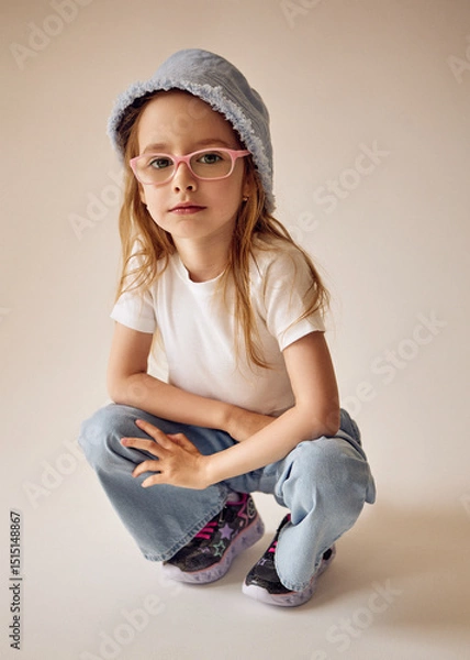 Fototapeta A thoughtful child in a light blue Panama hat, pink glasses, a white T-shirt and jeans sits on her haunches. Her sneakers are decorated with a print of stars and bright contrasting laces