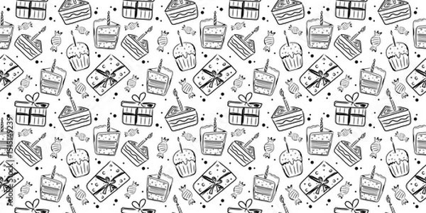 Fototapeta Handdrawn seamless pattern with birthday cakes and gift boxes. Doodle vector black and white design.