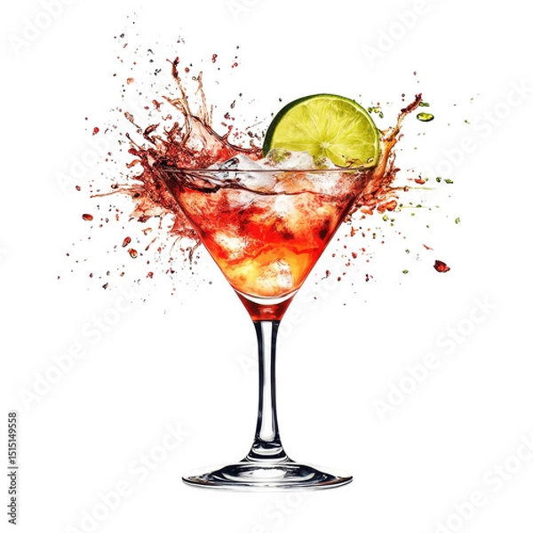 Fototapeta Vibrant cocktail with lime garnish splashing in a glass captured in high detail