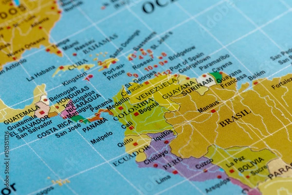 Fototapeta World map of America, Colombia, Venezuela, Panama, Peru, Mexico