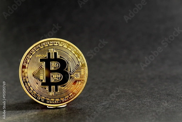 Fototapeta There is a souvenir bitcoin coin on a black background.	