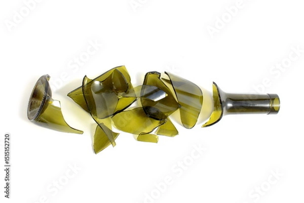 Fototapeta There is a broken green wine bottle lying on a white background.	
