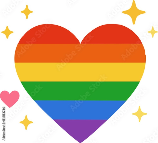 Fototapeta A colorful heart in the colors of the rainbow flag is surrounded by a pink heart and sparkling yellow stars on a white background - a symbol of support, love and pride.