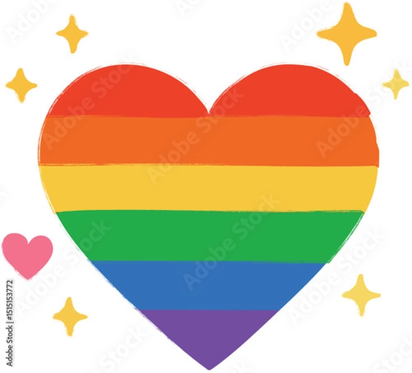 Fototapeta A colorful heart in the colors of the rainbow flag is surrounded by a pink heart and sparkling yellow stars on a white background - a symbol of support, love and pride.