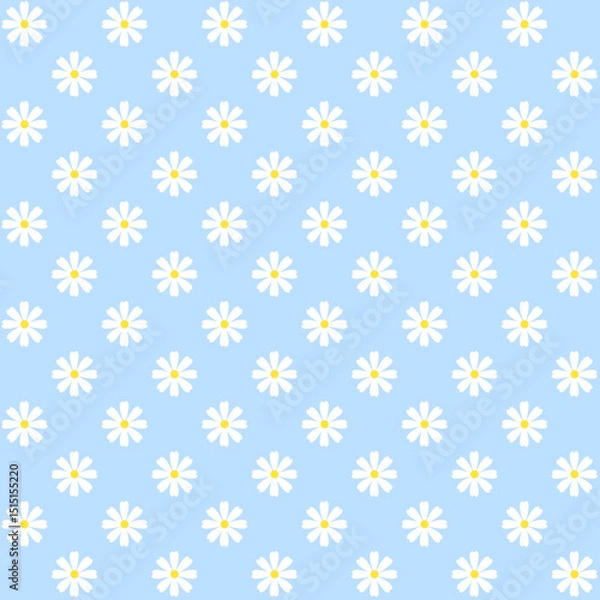 Obraz Seamless pattern with cute white daisy flower or camomile on blue background.floral wallpaper.Surface for textile.Decoration ornament.Repeat tile.Wrapping paper.Geometric.Vector illustration.