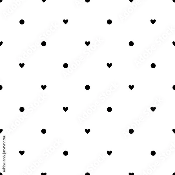 Obraz Polka dot and heart, black and white seamless pattern hand drawn vector illustration, decorative texture of round circles and little hearts, simple minimalist repeat ornament for textile, gift paper