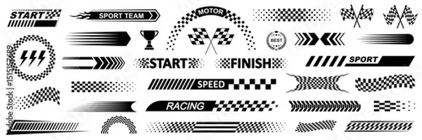 Obraz Racing cars and race car stripes set, angled checkered patterns, checkered flag, start and finish line, motocross labels, dynamic lines, motorsport, racing stripe speed, sport decals, tuning stickers