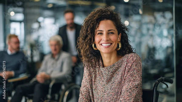 Fototapeta A confident woman in a wheelchair leads a meeting in a bright, modern office space. Generative AI