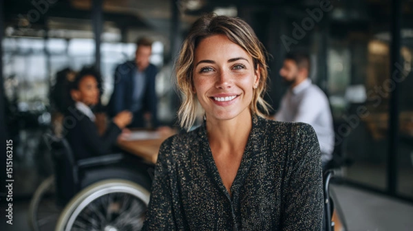 Fototapeta A confident woman in a wheelchair leads a meeting in a bright, modern office space. Generative AI