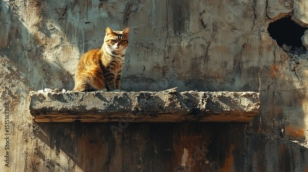 Fototapeta A tabby cat is perched on a concrete ledge against a weathered concrete wall, illuminated by sunlight.