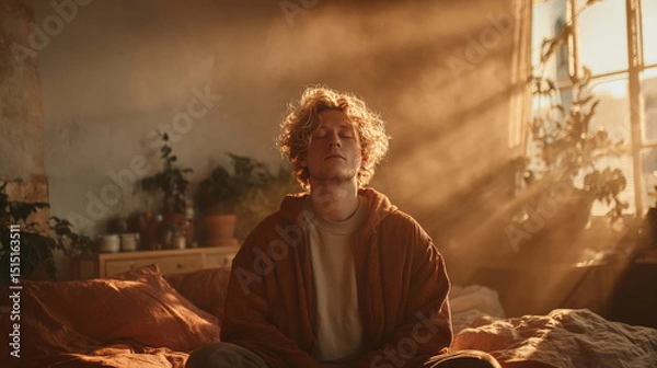 Fototapeta A young man sits peacefully in meditation within a minimalist bedroom featuring natural wooden furniture and warm beige tones.  Generative AI