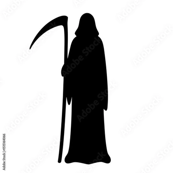 Obraz Dark Shadowy Grim Reaper Standing Silhouette with Large Scythe on White Background