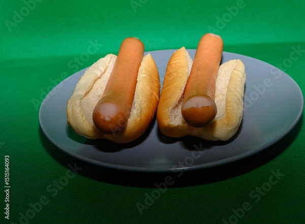 Obraz Two hot dogs placed in soft buns sit on a round gray plate. The vibrant green background adds a lively touch, perfect for a casual meal or gathering at home