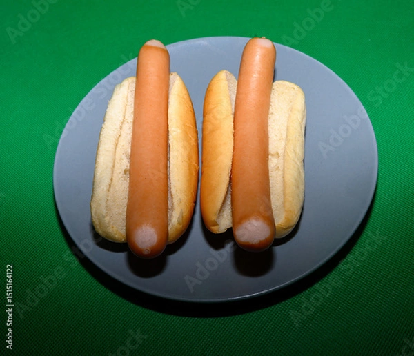 Obraz Two hot dogs placed in soft buns sit on a round gray plate. The vibrant green background adds a lively touch, perfect for a casual meal or gathering at home