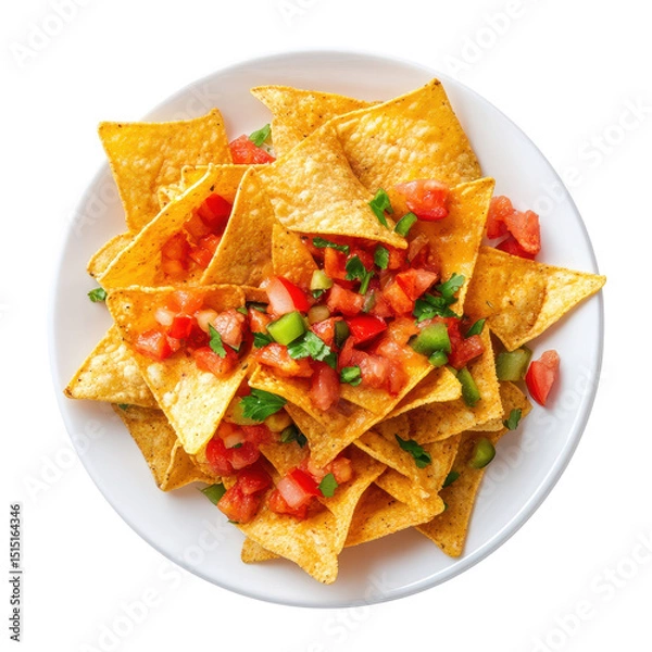 Fototapeta Crispy nacho chips topped with fresh diced tomatoes and green onions ready for a flavorful snack or appetizer