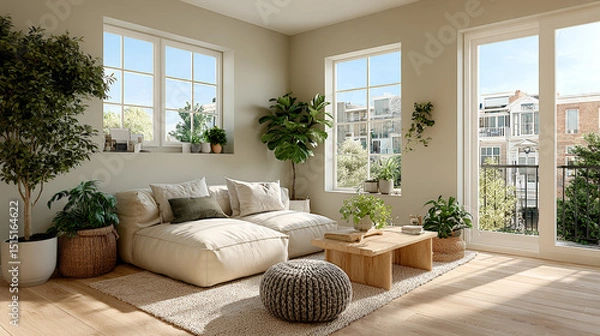Fototapeta A beautifully styled Scandinavian living room featuring warm wooden floors, neutral tones, and an airy layout bathed in soft daylight. Generative AI
