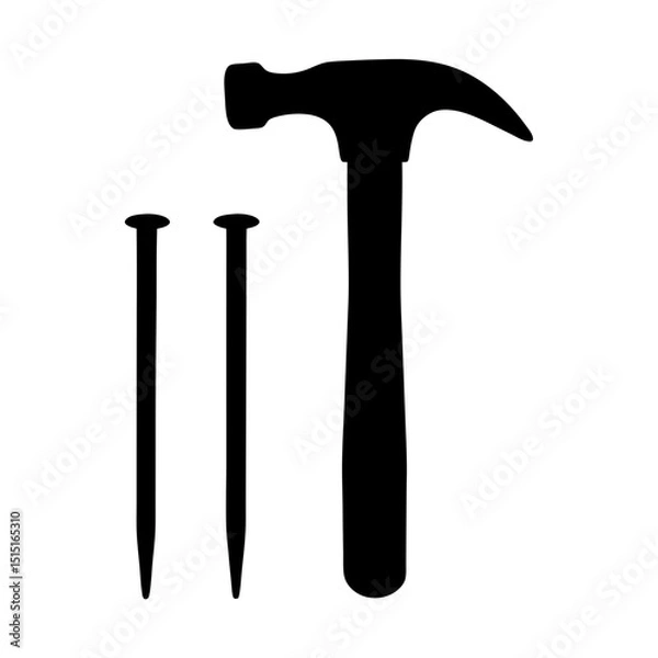 Obraz Silhouette of hammer and two nails against a white background, carpentry tools