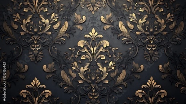 Obraz Elegant gold floral damask pattern on a dark background, creating a luxurious and vintage feel
