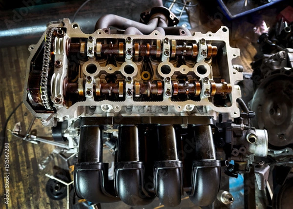 Fototapeta A car engine is being worked on inside a garage workshop