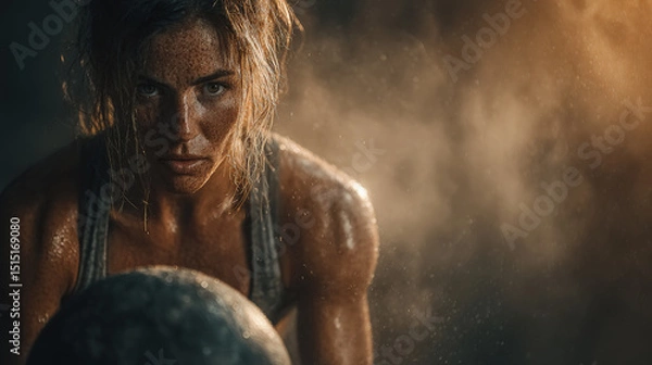 Fototapeta A focused and athletic woman in her 30s performs kettlebell squats in a gritty, industrial-style gym.  Generative AI