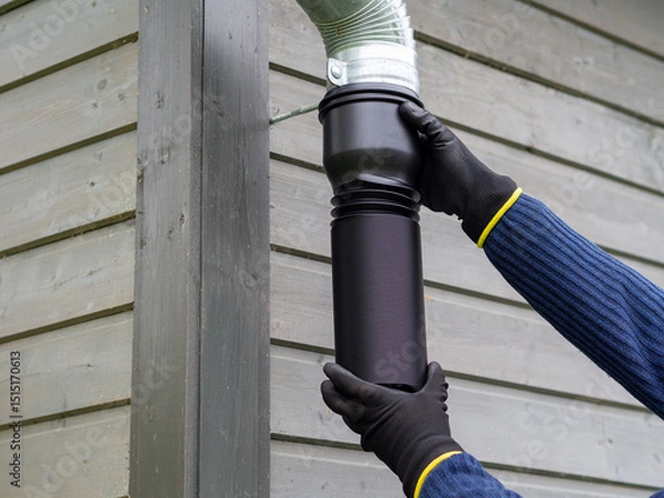 Fototapeta Flexible plastic rain gutter pipe installation. Rainwater collection for garden watering. Gutter extension for homes