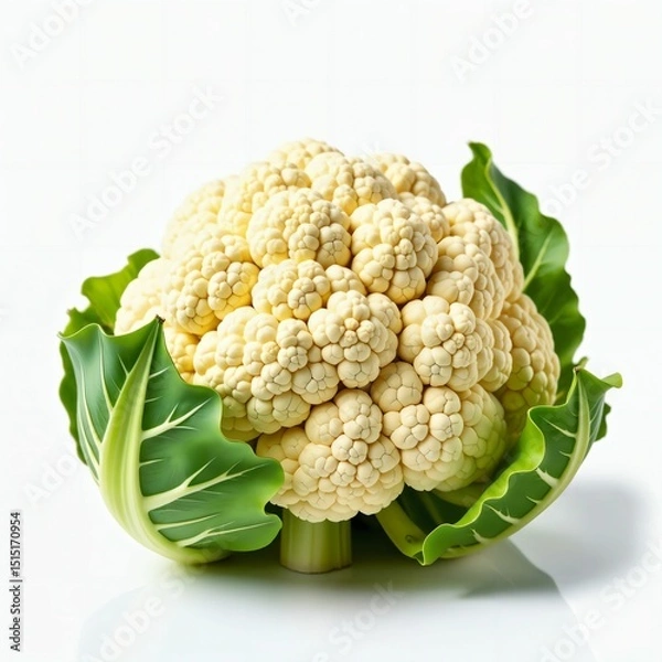 Fototapeta Cauliflower on white background. Close up. Fresh and delicious. Class 1. High quality. Top shelf. Organic. Hand-picked. Quality tested. Generative AI.
