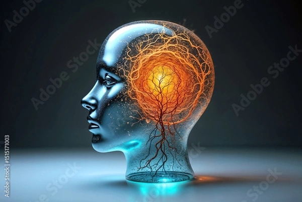 Fototapeta Radiant neural energy visualized within a transparent human head profile