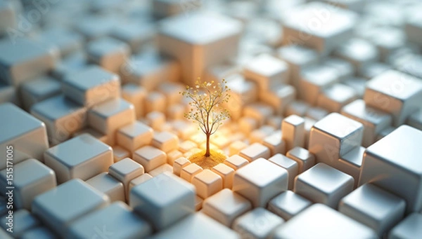 Fototapeta A singular radiant tree emerges, representing unique growth within a structured white cube landscape