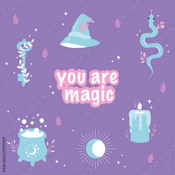 Obraz Magic items collection. Halloween elements. Witch hat, candle, key, snake, potion. Hand drawn vector design. Purple background