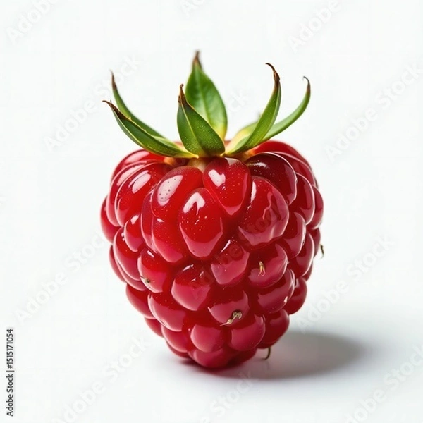 Fototapeta A single raspberry on white background. Close up. Fresh and delicious. Class 1. High quality. Top shelf. Organic. Hand-picked. Quality tested. Generative AI.