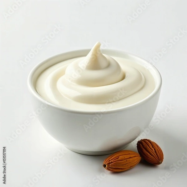 Fototapeta Dairy-free almond yogurt  on white background. Close up. Class 1. High quality. Top shelf. Organic. Quality tested. Generative AI.