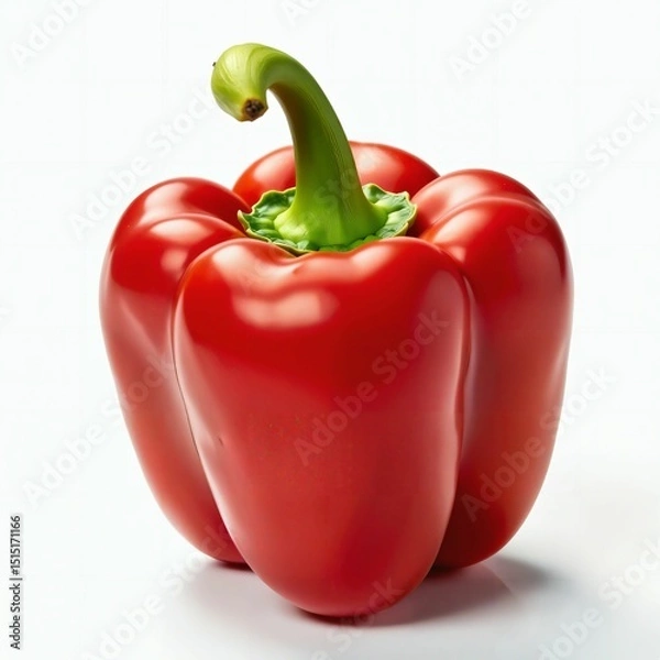 Fototapeta A red bell pepper on white background. Close up. Fresh and delicious. Class 1. High quality. Top shelf. Organic. Hand-picked. Quality tested. Generative AI.