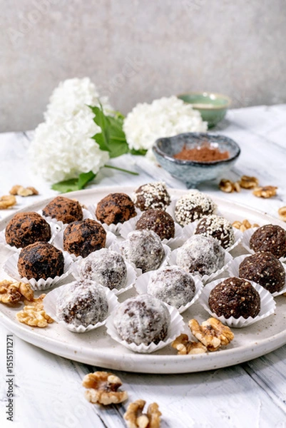 Fototapeta raw vegan balls Chocolate Truffles with Walnuts