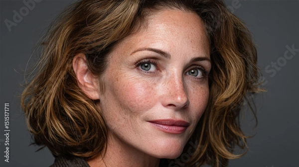Fototapeta A professional headshot capturing a confident middle-aged woman with a calm, direct gaze and a subtle smile. Generative AI