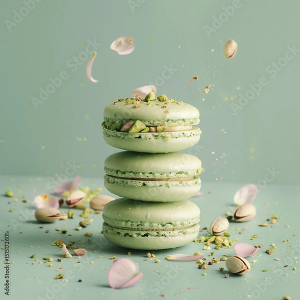 Fototapeta Pistachio macarons on light mint background