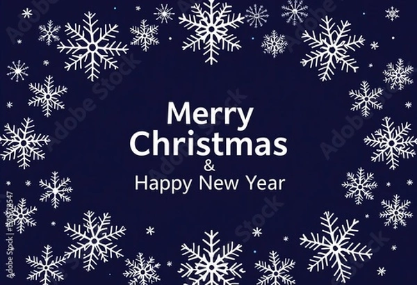 Fototapeta Modern flat line art snowflakes form a border around a "Merry Christmas & Happy New Year" greeting, modern, greeting card