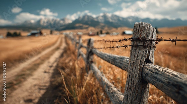 Fototapeta A striking close-up of a weathered wooden fence post wrapped in barbed wire, set against a sweeping, sunlit farmland backdrop. Generative AI