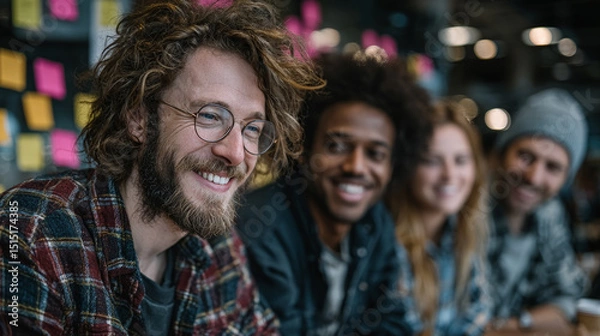 Fototapeta A group of young, diverse creative professionals collaborate energetically in a colorful startup office. Generative AI