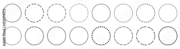 Fototapeta Round dotted circle set, dotted line circle frame, circle shapes with and dots and dashed lines