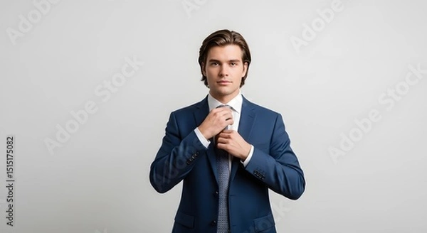 Fototapeta A young businessman adjusts his tie, conveying confidence and professionalism. The neutral background emphasizes his sharp attire and serious expression. 