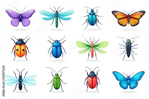 Fototapeta Colorful Insects and Butterflies Collection - A vibrant collection of twelve diverse insects and butterflies