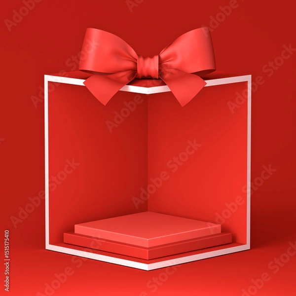 Fototapeta Blank red squares podium pedestals in exhibition booth gift box corner product display mockup showcase stand with red ribbon bow isolated on dark red background creative conceptual idea 3D rendering