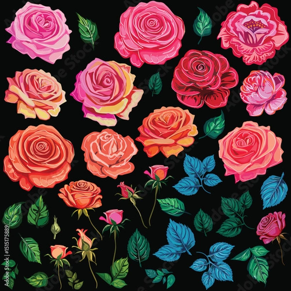 Obraz large group of red rose flowers with leaves isolated on black