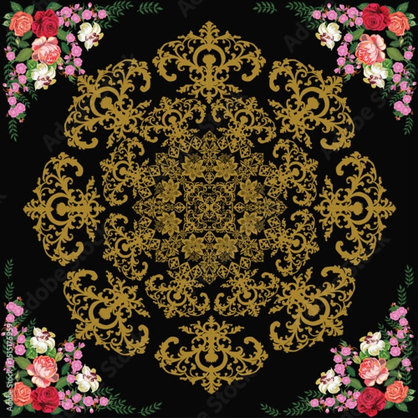 Obraz design with red and pink roses in each coner on black
