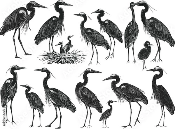 Obraz seventeen herons sketches collection isolated on white