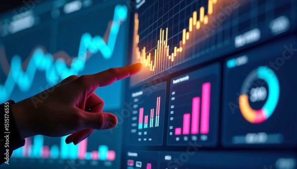 Fototapeta Data analytics dashboard of business marketing or finance. Analyst touching growth graph.