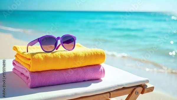 Fototapeta glasses and towels on a beach,summer vibes