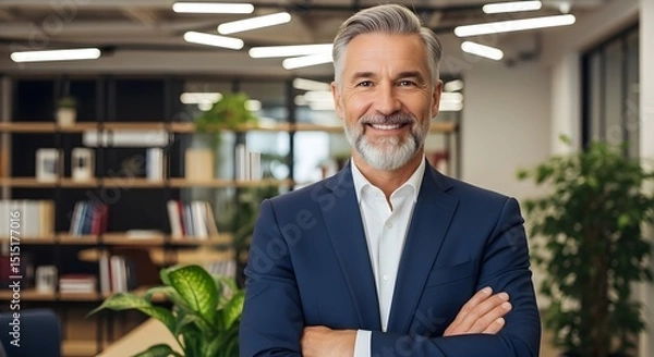 Fototapeta An experienced professional stands confidently in a modern office setting, exudes authority and expertise, radiating an aura of assuredness.